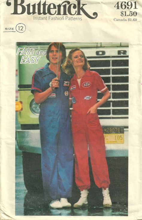 Matching Nascar jumpsuits! Mechanics Uniform, Nascar Costume, Mechanic Jumpsuit, Cocoon Jackets, 70s Women, Short Shirt, Fitted Jumpsuit, Jumpsuit Men, Jumpsuit Pattern