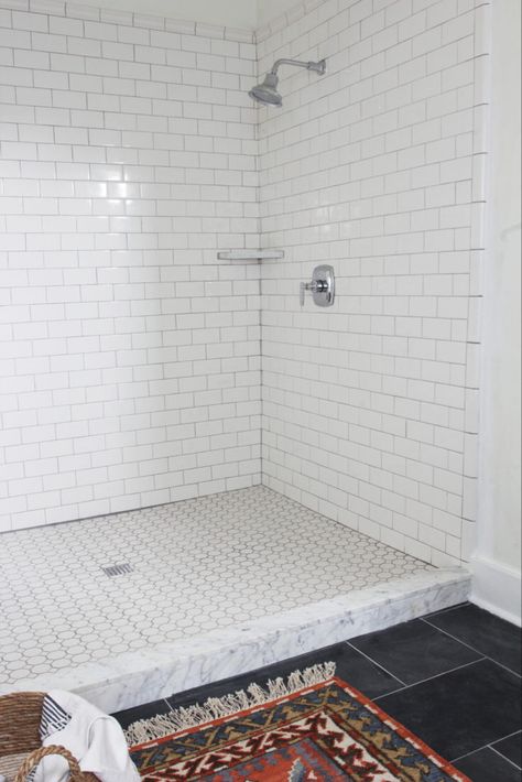 Tile Around Bathtub, Shower Threshold, The Grit And Polish, Grit And Polish, Shower Curb, Porch House, Walk In Shower Designs, Bathroom Layouts, Bathroom Design Layout