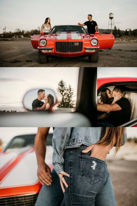 Retro inspired couples photoshoot with pristine vintage Chevy Camaro Home Ideas For Couples, Fall Porch Decorations, Car Engagement Photos, Fall Porch Ideas, Creative Photo Ideas, Porch Decor Fall, Fall Porches, Classic Car Photoshoot, Shooting Couple