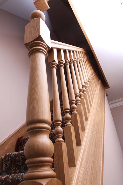 Case Study: Beautiful oak turned spindles stairs in Derbyshire Reling Design Wood, Spindles Stairs, Wooden Stair Railing, Reling Design, Wooden Staircase Railing, Wooden Railing, Wooden Staircase Design, Stair Posts, Stair Spindles