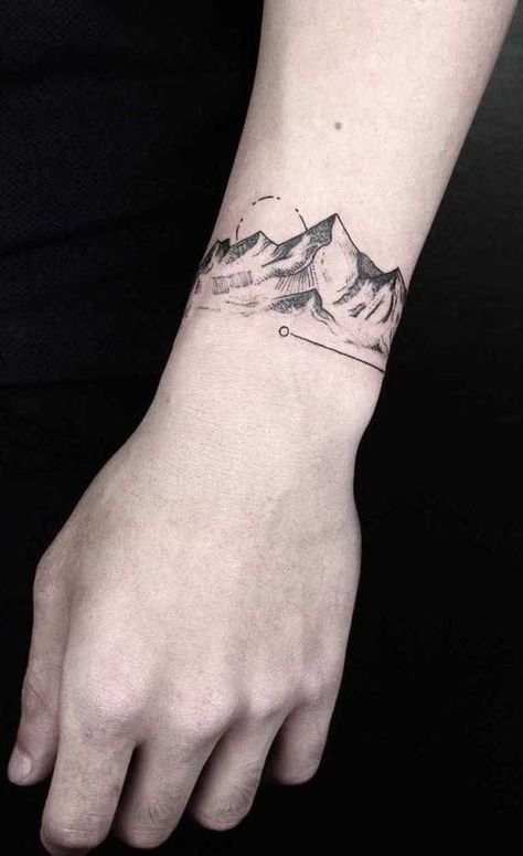 Tattoo Ideas for Body and Soul Moutain Tattoos, Mandala Hand Tattoos, Framed Tattoo, Forearm Band Tattoos, Band Tattoos, Wrist Tattoos For Guys, Tattoo Concepts, Muster Tattoos, Cool Forearm Tattoos