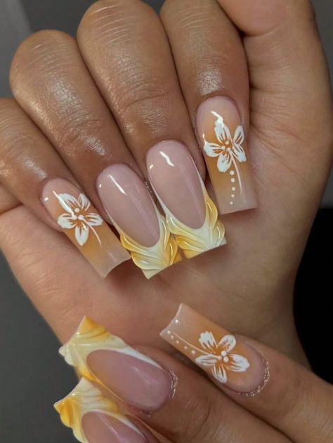 24pcs/Set Simple French Medium Oval Shaped Yellow Cute Floral 3D Romantic Press-On Reusable False Nail Tips With Nail Glue And 1pc Nail File, Suitable For Office Ladies, Casual Dates, Afternoon Tea And Outdoor Activities Press On Nails Multicolor    ABS,Jelly,Carborundum Colorblock,Plants Color Nails,3D Nails   Nail,Hand & Foot Care, size features are:Bust: ,Length: ,Sleeve Length: Tropical Nails Simple, Island Nails Designs, Beach Trip Nails, Island Nails Tropical, Tropical Vacation Nails, Fake Nails Long, Nagel Tips, Girly Acrylic, Girly Acrylic Nails