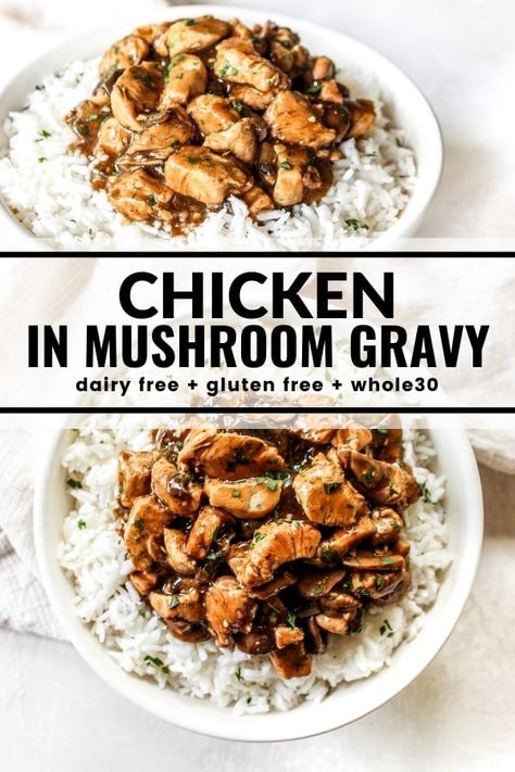 Oh you're going to love these tender chunks of chicken sautéed in a rich mushroom gravy. Enjoy over rice (traditional or cauliflower) or mashed potatoes! Ready in only 25 minutes! Whole30, Paleo, dairy free, and gluten free too! Chicken And Mushroom Gravy, Lombardy Chicken, Chicken Lombardy, Mushroom Gravy Recipe, Chicken Mushroom Recipes, Chicken And Mushroom, Steak And Mushrooms, Chicken Marsala, Mushroom Gravy