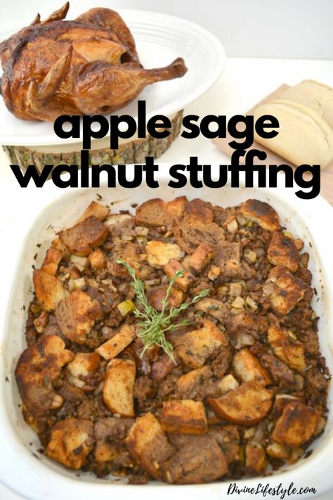 Apple Sage Walnut Stuffing Recipe - this dressing recipe will be the highlight of your Thanksgiving dinner!   //   DivineLifestyle.com    //     #stuffing #stuffingrecipe #dressing #dressingrecipe #turkeyrecipe #Thanksgiving #turkey #ThanksgivingDinner #turkeyrecipes #roastturkey #christmas #christmasdinner #dinnerecipes #easyturkey #thanksgivingrecipes #moistturkey #ovenroasted #howtocookaturkey #roastturkey #turkeytips #thanksgivingrecipe #recipes #food Sage Stuffing Recipes, Apple Sage Stuffing, Walnut Stuffing, Turkey Dressing Recipe, Dressing Recipes Thanksgiving, Sage Stuffing, Turkey Dressing, Moist Turkey, Stuffing Recipes For Thanksgiving