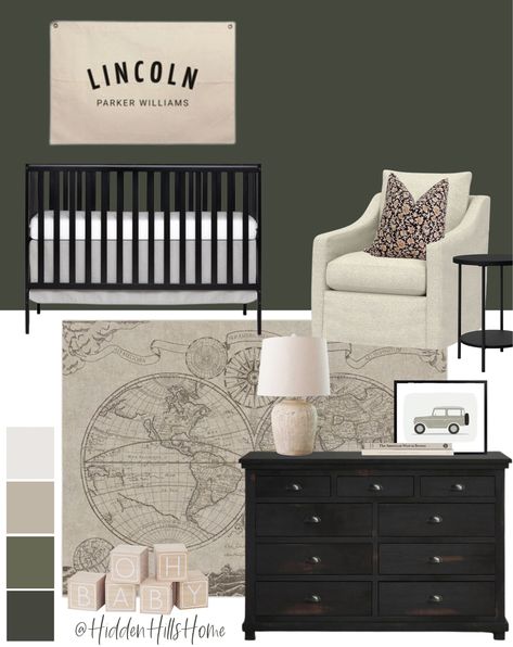 Grey And Wood Nursery, Moody Nursery Ideas, Iron Crib Nursery, Dark Grey Nursery, Black Crib Nursery, Moody Nursery, Nursery 2023, Vintage Nursery Boy