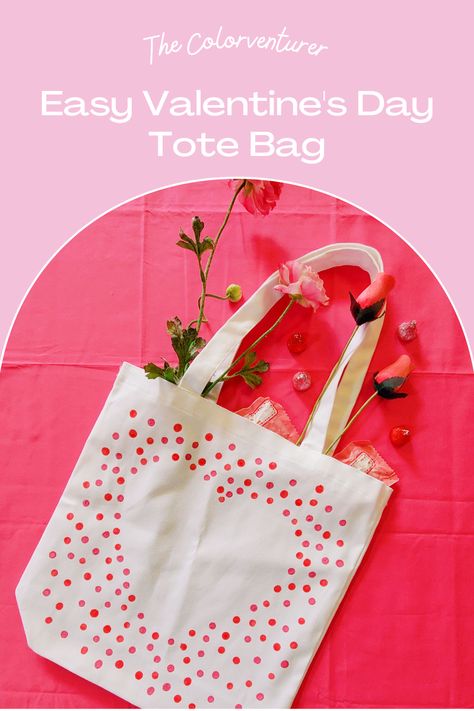 In the first photo, the DIY Heart Canvas Tote Bag is shown filled with pink peonies, red roses, and chocolates. The second photo shows the bag's design, which consists of several small red and pink dots made by using the eraser on a No. 2 pencil with a clear heart-shape left in the center of all the dots. The last photo is a zoomed-in close-up of the tote bag. Diy Tote Bag Mothers Day, Mothers Day Canvas Bag, Valentine Tote Bag Ideas, Painting Canvas Bags Diy, Painting A Canvas Bag, Mothers Day Tote Bag Craft, Tote Bag Design Diy Paint Easy Simple, Decorate Canvas Bag, Painting Canvas Bags Ideas