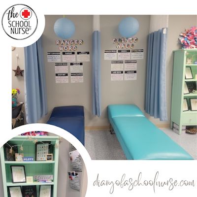 School Sick Room Ideas, Nursing Classroom Ideas, Nursing School Classroom, Nurse Room Ideas, Nurse Office School, Nurses Office Ideas, School Nurse High School, Elementary School Clinic Decor, Nurse Desk Decor Office Ideas