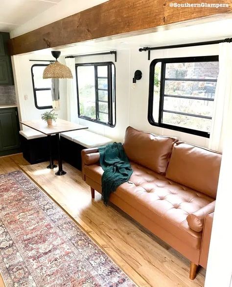 20 Boho Camper Renovations You Have to See to Believe | RV Inspiration Rv Sofas, Rv Inspiration, Dining Booth, Rv Furniture, Rv Interior Remodel, Tiny House Camper, Camper Trailer Remodel, Diy Camper Remodel, Rv Makeover