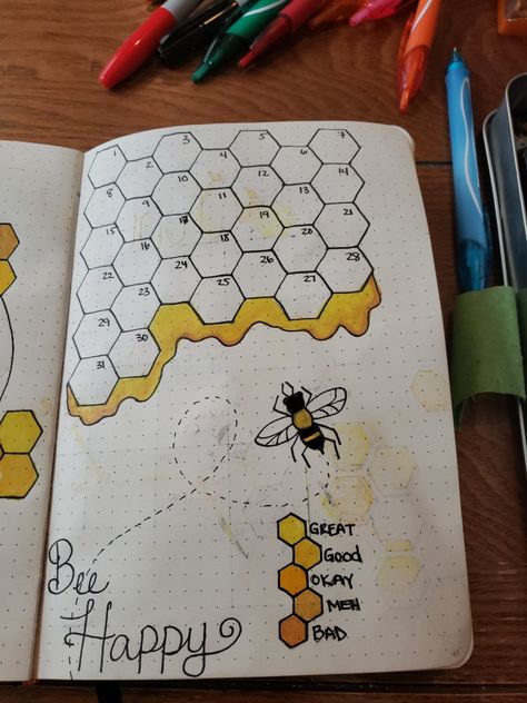 honey bee mood tracker bullet journal Bee Mood Tracker, Tracker Bullet Journal, Bullet Journal 2020, Bullet Journal Ideas Templates, Creating A Bullet Journal, Bullet Journal Banner, Bullet Journal Mood Tracker Ideas, Bullet Journal Notes, Bullet Journal Paper