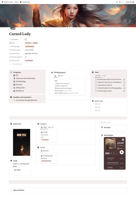 Notion For Writing A Book, Notion For Writing, Notion Template Ideas Writing, Notion For Writers Template, Notion Writing Template, Notion For Writers, Story Planning Template, Writing Notion, Notion Examples