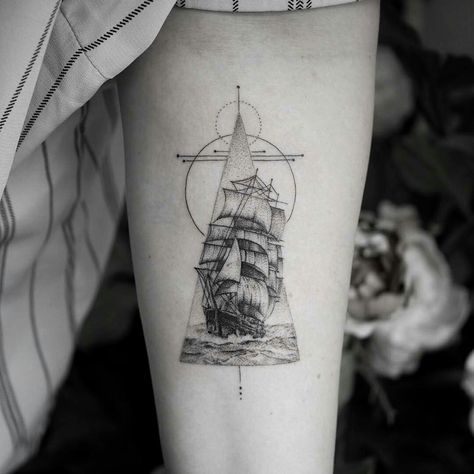 Titanic Tattoo, Arm Tattoos Black, Pirate Ship Tattoo, Geometric Tattoo Pattern, Sailboat Tattoo, Boat Tattoo, Geometric Sleeve Tattoo, Tattoo Dotwork, Geometric Sleeve