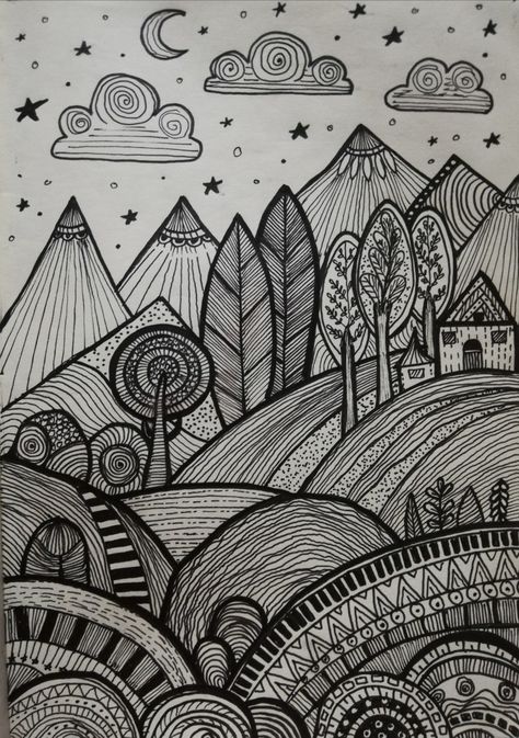 Round Doodle Art, Mandala Art Landscape, Zen Tangle Landscape, Line Composition Design, Unique Doodle Art, Zentangle Landscape, Nature Doodle, Geometric Line Art, Whimsical Art Journal