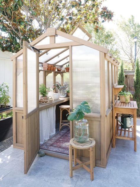 Small Yard Greenhouse, Yardistry Greenhouse Ideas, Small Greenhouse Diy, Yardistry Greenhouse, Greenhouse Goals, Clear Greenhouse, Garden Shed Greenhouse, Greenhouse Addition, Garden Chickens