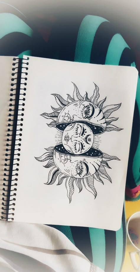 Sun And Mood Drawings, Sun And Planets Drawing, Unique Sun Moon Tattoo, Sun Moon And Stars Painting, Sun And Moon Drawing Paintings, Sun Moon Sketch, Sun And Moon Art Drawings, Sun And Moon Drawing Simple, Universe Drawing Ideas