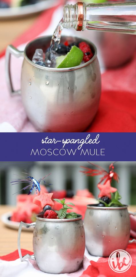 Star-Spangled Mule - Fourth of July / Independence Day Cocktail Recipe #MoscowMule #cocktail #america #berry #recipe #berries #mule #vodka #gingerbeer 4th July Cocktails, Moscow Mule Recipe Classic, Fourth Of July Drinks, 4th Of July Cocktails, Summer Vodka Cocktails, Moscow Mule Cocktail, Moscow Mules, Moscow Mule Recipe, Mule Cocktail