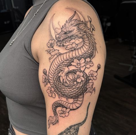 Never thought I’d start tattooing dragons, or enjoy doing them, but I was wrong! Ever since a dragon piece I did a few weeks back I’ve had a few dragon requests, so you guys much like mine? Thank you Alex for coming to me for this! . . #tattoo #tattoos #tattooing #dragon #dragontattoo #moontattoo #cherryblossomtattoo #brightontattoo #londontattoo #brightontattooartist Dragon Tattoo With Color, Dragon Tattoo Collar Bone, Dragon Lady Tattoo, Women Dragon Tattoo, Dragon Shoulder Tattoo, Dragon Tattoo Shoulder, Dragon Head Tattoo, Brighton Tattoo, Chinese Dragon Tattoos