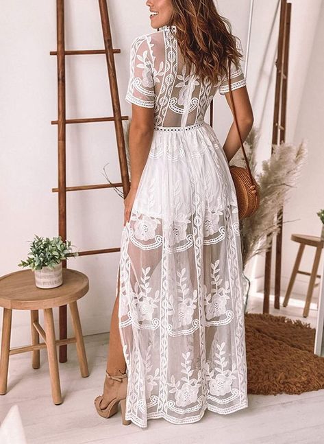 Lace Maxi Romper, White Lace Dress Boho, Side Split Maxi Dress, Womens Boho Dresses, White Lace Maxi Dress, White Lace Maxi, White Bridesmaid, Lace Summer Dresses, White Bridesmaid Dresses