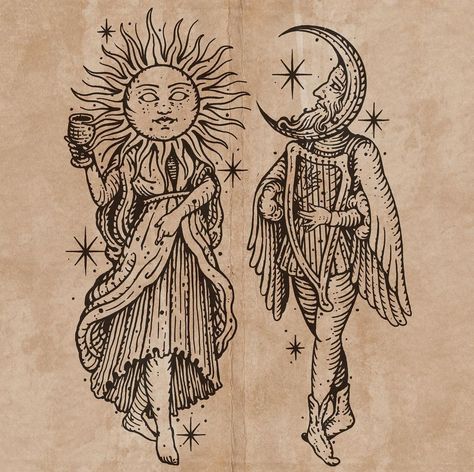 Sun Moon Illustration, Woodcut Tattoo, Medieval Drawings, Medieval Tattoo, Engraving Tattoo, Alchemy Art, Sun Tattoos, Moon Illustration, Occult Art