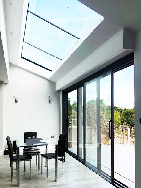 Glass Roof Extension, Aluminium Patio Doors, Conservatory Design, Skylight Design, House Extension Plans, House Roof Design, Lean To, Roof Extension, Glass Extension