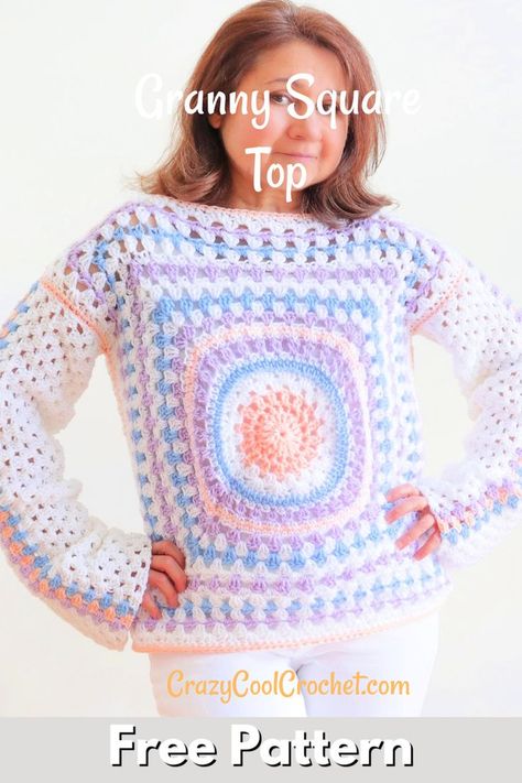 FREE PATTERN and VIDEO tutorial for this adorable Crochet Granny Square Top for women. Lightweight. Updated with pastels and long sleeves. Perfect crochet Easter top. Multiple sizes. #crochetgrannysquaretop #crochetgrannysquaretopwomen #crochetsummertop #crochetspringtop #crazycoolcrochet #crochettopfreepattern #grannysquaretop #grannysquares #grannysquarepattern #crochetforbeginners #freecrochetpatterns Granny Square Tshirt Pattern, Granny Tee Crochet Pattern, Crochet Granny Square Jumper Pattern, Crochet Granny Square Solid Color, Crochet Granny Square Jumper Free Pattern, Crochet Granny Square Cardigans, Crochet Jumpers For Women Free Pattern, Crochet Granny Square Tops Free Patterns, Crochet Granny Stitch Top