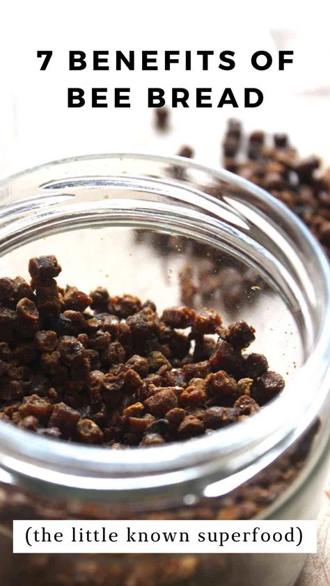 A closeup of brown bee bread pellets in a glass jar. Bee Bread Benefits, Bee Bread Recipe, Honey Bee Pollen, Bee Bread, Elderberry Gummies, Baked Granola, Honey Benefits, Peanut Butter Honey, Bee Pollen