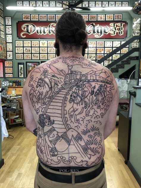 Traditional Backpiece, Traditional Back Piece Tattoo, Traditional Back Piece, Russia Tattoo, Backpiece Tattoo, Sailor Tattoos, Usa Tattoo, Torso Tattoos, Back Piece Tattoo