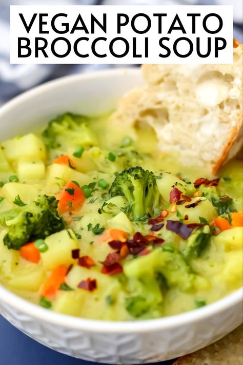 This creamy vegan broccoli and potato soup recipe is packed with carrots, broccoli, and potatoes in a rich and satisfying broth that will have you coming back for more. This plant based soup is gluten-free and easily made soy free too. thehiddenveggies.com Broccoli Potato Recipes, Broccoli Vegetable Soup, Wfpb Soup, Broccoli Recipes Vegan, Vegan Potatoes Soup, Vegan Cheesy Potato Soup, Vegan Broccoli Casserole, Vegan Broccoli Cheese Soup, Vegan Broccoli Soup