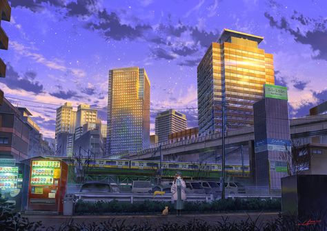 Evening company by JP NIK Anime Cityscape, Kyoto Travel Guide, Kyoto Travel, Cat City, Girl Cat, Dreamy Art, Night City, Urban Landscape, Scenery Wallpaper