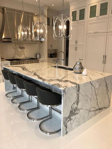 Waterfall Island Kitchen, Waterfall Island, Marble Kitchen, Dream Kitchens Design, Kitchen Remodel Design, Island Kitchen, Dream House Rooms, Luxury Kitchen Design, Kitchen Marble