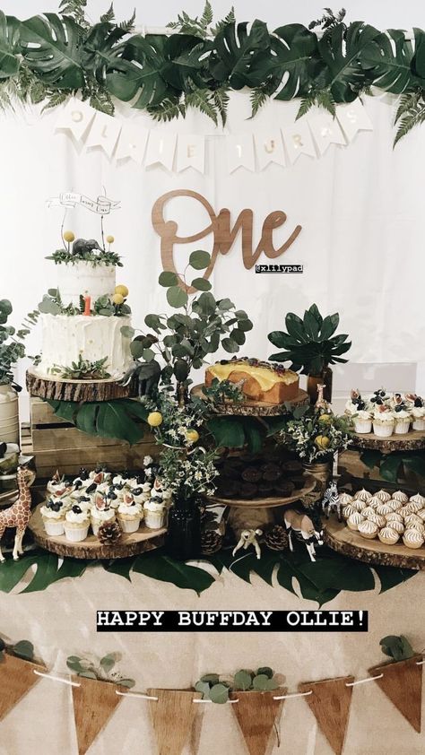 1st Birthday Nature Theme, Nature Themed Birthday Party Decorations, First Birthday Nature Theme, Olive Birthday Theme, Wild One Cake Table, Wild One Dessert Table, Woods Birthday Party, Nature Themed Birthday, Nature Birthday Party