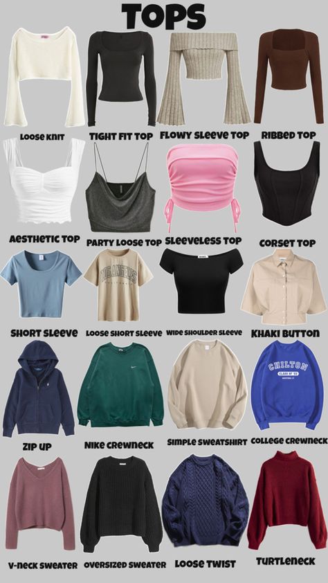 #tops #shirt #sweater #longsleeve #sweatshirt #tanktop Top Names Clothes, Different Types Of Tops With Names, Types Of Crop Tops Names, Tops For Girls Stylish, Types Of Styles, Types Of Tops, Classy Women Quotes, Style Names, Types Of Clothing Styles