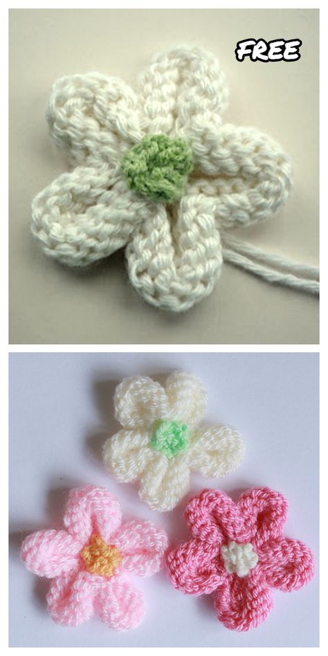 Knit 5-Petal Flower Free Knitting Patterns - Knitting Pattern How To Knit A Flower For A Hat, Free Knitting Flower Patterns, Knit A Flower Easy, Simple Knitted Flower Pattern, Knitted Daisy Flower, How To Knit A Flower Easy, How To Knit Flowers Easy, Free Knitting Patterns For Flowers, Knit Flowers Free Pattern Easy