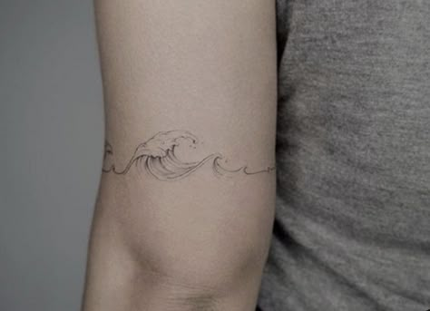 Wave Tattoo Line Work, Wave Tattoo Wrapped Around Arm, Collar Bone Wave Tattoo, Wrap Around Wave Tattoo, Ocean Arm Band Tattoo, Unique Ocean Tattoos For Women, Wave Fine Line Tattoo, Geometric Wave Tattoo, Water Tattoo Ideas Ocean