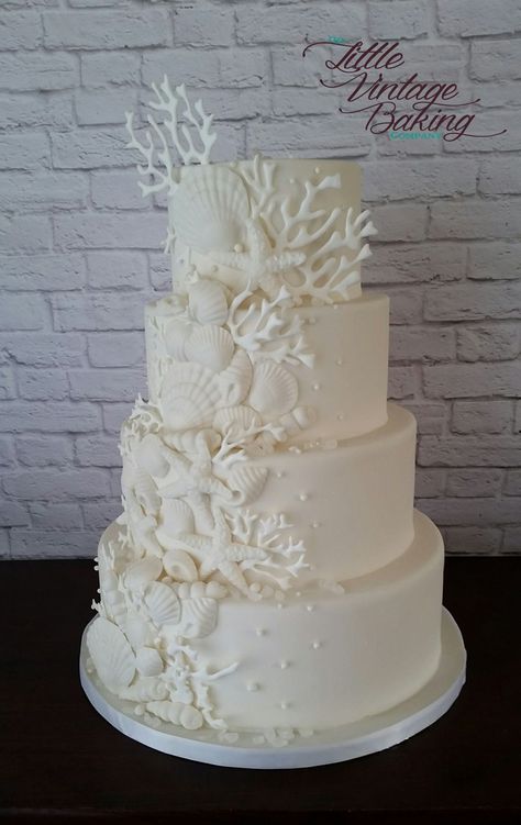 White On White Ocean Cake on Cake Central Sea Wedding Cake, Fondant Shells, Ocean Wedding Cake, Under The Sea Wedding, White Fondant Cake, Ocean Cake, Charcuterie Board Wedding, Ocean Wedding Theme, Beach Theme Wedding Cakes