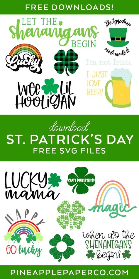 Download 13 FREE St. Patrick's Day SVG Files to make shirts and more! FREE Let the Shenanigans Begin SVG by Pineapple Paper Co. #freesvg #svgcutfile #svg #cricut #stpatricksday #stpaddysday #stpatricksdayshirt #stpatricksdaysvg #diystpatricksday #stpatricksdaycricut #cricutproject #cricutidea #stpatricksdaycraft St Patrick’s Day Cricut Ideas, Cricut St Patricks Day Shirts, St Patrick Day Printables Free, St Patricks Day Svg Files Free, St Patricks Day Printables Free, St Patrick's Day Shirts, St Patricks Day Svg, Free Svgs, Cricut Tips