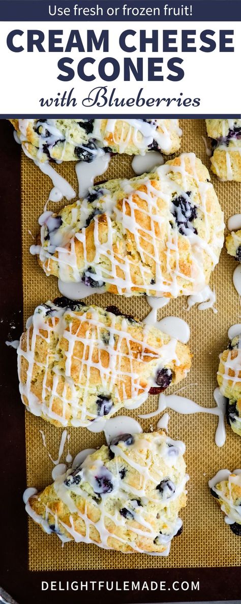 Do you love tender, flavorful scones with your morning coffee? If so, these Cream Cheese Scones with Blueberries! These cream cheese scones baked with fresh or frozen blueberries come out perfectly tender every time. The advantage of cream cheese scones is that you create an extra tender and flaky scone. Many scone recipes often render an unappealing hard, dry texture. Because this recipe incorporates both cream, butter and cream cheese, you get an ultra-tender, flaky scone every time! Cream Cheese Filled Scones, Scones With Cream Cheese, Summer Scones Recipe, Strawberry Cream Cheese Scones, Blueberry Scones With Frozen Blueberries, Scones Flavor Ideas, Blueberry Lemon Scones Recipe, Oatmeal Scones Recipe, Cream Cheese Scones Recipe