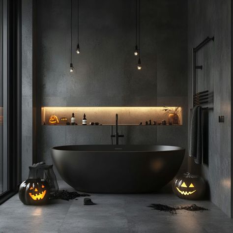 A minimalist Halloween bathroom features a sleek bat clock and black-and-white patterns. Geometric designs bring a modern edge, while skeleton hand towel holders and ghost mirror decals add eerie charm. Soft LED lights provide a gentle, haunting glow, completing the stylish decor. Black Bathroom Sets, Dark Bathroom Ideas, Bathroom Design Black, Dark Bathrooms, Organization Bathroom, Bathroom Design Inspiration, Bathroom Decor Ideas, Bathroom Design Luxury, Ideas Bathroom