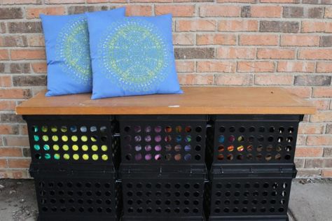 DIY OUTDOOR TOY STORAGE BENCH WITH MILK CRATES   ZIP TIES – Award Winning Virtual Interior Design Service Stuffed Animal Storage Zoo, Bathtub Toy Storage, Diy Outdoor Toys, Diy Command Center, Outdoor Toy Storage, Toy Storage Ideas, Toy Storage Bench, Toy Car Storage, Backyard Toys