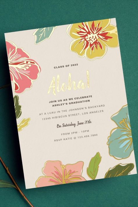 Gold Foil Aloha Hawaiian Graduation Invitations
Bright and colorful Hawaiian floral design featuring bold flower details in pink, teal and yellow along side modern navy typography on an ivory colored background. These invites are the perfect way to celebrate a graduation, birthday, Luau, backyard bbq or a simple summer celebration! #graduationinvitations #classof2024 #graduationparty #celebrategraduation #graduationannouncement #hawaiian #aloha Hawaiian Theme Party Invitations, Aloha Birthday Invitation, Hawaiian Themed Quinceanera, Hawaiian Theme Invitations, Tropical Themed Birthday Party, Modern Luau Party, Sweet 16 Hawaiian Theme, Hawaiian Party Invitations, Hawaiian Graduation Party