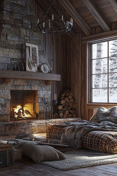 Create a cozy rustic cabin feel with wood accents and warm textures. #RusticCabin #WinterDecor #WarmInteriors Accent Wall Cabin, Ski Condo Decor Interior Design, Ski Condo Decor, Cozy Rustic Cabin, Rustic Cabin Furniture, Rustic Cabin Interior, Montana Cabin, Cozy Winter Cabin, Ski Condo