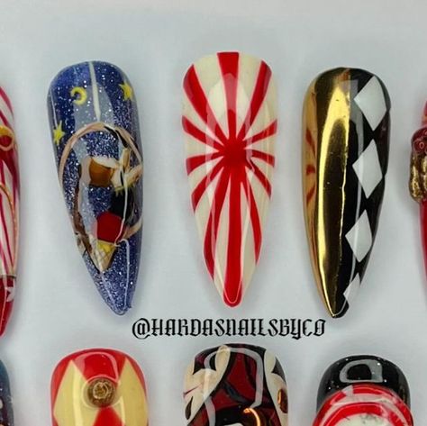 Carnival Theme Nails, Carnival Inspired Nails, Carnival Nail Art, Clown Inspired Nails, Carnival Acrylic Nails, Circus Theme Nails, Clown Core Nails, Jester Nails, Harlequin Nails