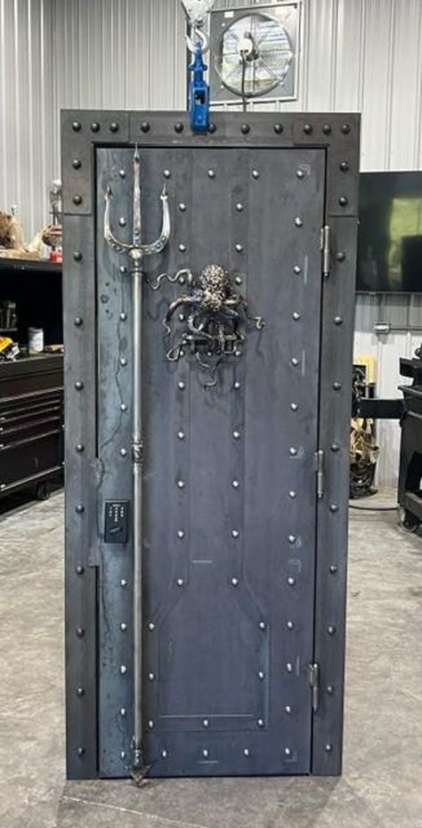 Custom Steel door. Can be used as a security door, safe or vault door or just an a conversation piece. Design options are endless...can be as mild or as wild as you like. Not just limited to doors. I can create any custom metal item for you at a very competitive price. Please contact me to discuss your needs and for a price quote. IN SWING DOOR DESIGN WILL COST $500 MORE. PLEASE CONTACT ME BEFORE YOU PURCHASE TO SPEAK ABOUT DETAILS OF YOUR ORDER Freight Shipping, delivery or pickup can be arrang Metal Security Door Design, Security Door Design, Carpentry Ideas, Welding Ideas, House Main Gates Design, Vault Doors, Cabin Doors, Main Gate Design, Arched Doors