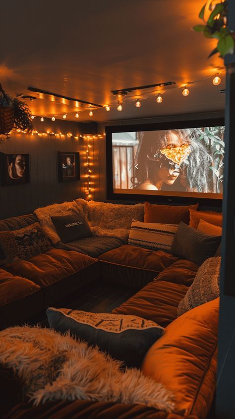 Small Space Theater Room, Home Cinema Attic, Home Movie Theatre Aesthetic, Movie Tv Room, Cool Den Ideas, Entertainment Room Ideas Family Cozy, Entertainment Room Design Ideas, Theater Style Living Room, Boho Media Room