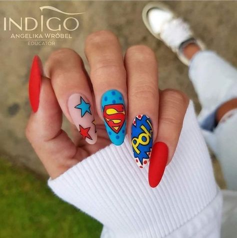 Superman Nails, Comic Nail Art, Superhero Nails, Marvel Nails, Summer Nails Art, Easter Nail Art Designs, Girls Nail Designs, Beach Nail Art, Pop Art Nails