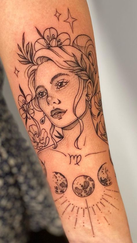 Feminine Virgo sign tattoo with floral maiden portrait for astrology enthusiasts. Virgo Tattoo Ideas For Women, Virgo Women Tattoo, Virgo Tattoo Ideas, Virgo Tattoo Designs, Virgo Tattoo, Virgo Women, Delicate Tattoo, Zodiac Tattoos, Tattoo Ideas For Women