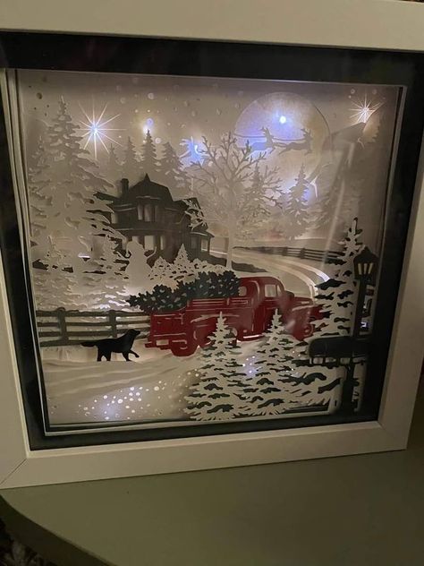 Diy Christmas Shadow Box, Box Lights, Diy Shadow Box, Christmas Shadow Boxes, 3d Pictures, 3d Shadow Box, Tiered Trays, Christmas Truck, Diy Cricut