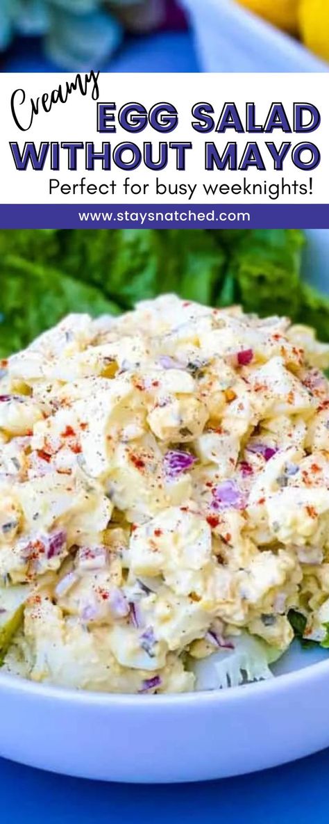 This Egg Salad Without Mayo is the perfect side dish for any spread. Use sour cream or greek yogurt for the perfect substitute. Feel free to toss in pickles or relish if you wish. This egg salad without mayo is perfect for busy weeknights with a nice bowl of soup or for a simple lunch on the go. Egg Salad Sandwich No Mayo, Egg Salad Recipe With Cream Cheese, Egg Salad Recipe Without Mayo, Egg White Salad Sandwich, Cream Cheese Egg Salad, Egg Salad With Sour Cream, My Special Egg Salad, Egg Salad With Cream Cheese, Healthy Egg Salad With Greek Yogurt