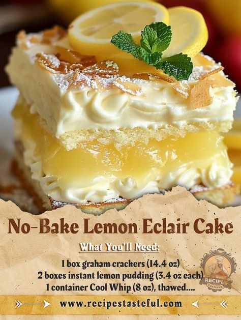 Eclair Cakes, Lemon Eclair, Lemon Dishes, Groot Koeke, Guava Desserts, Eclairs Dessert, Cake Sheet, Summer Fruit Recipes, No Bake Lemon