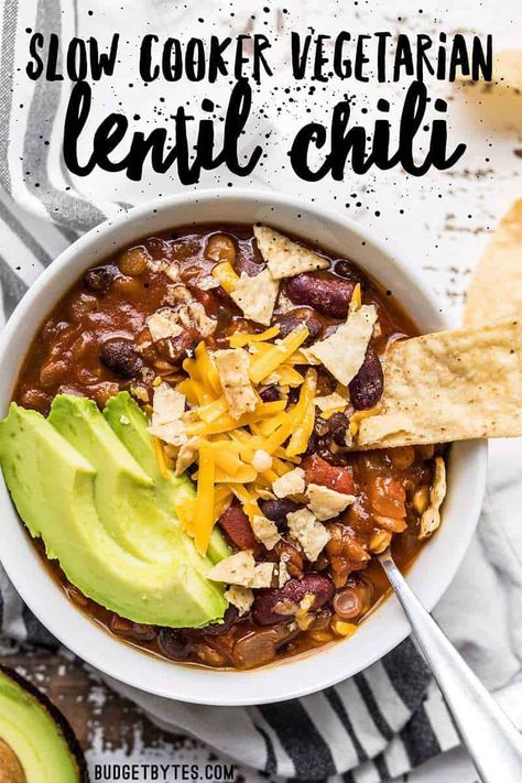 Vegetarian Lentil Chili, Slow Cooker Tikka Masala, Chili Easy, Vegetarian Slow Cooker Recipes, Vegan Crockpot, Slow Cooker Lentils, Lentil Chili, Budget Bytes, Slow Cooker Vegetarian