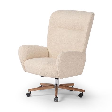 An executive-style chair is upholstered in a high-performance fabric, with subtle curves for a dramatic look and comfortable sit. Casters and seat heigh adjustability for ease in the modern office.Product Overview Color: Polished Aluminum Dimensions: 30.75"W x 31.5"D x 42"H Materials: Aluminum, Solid Ash, 73% Pl, 19% P Executive Style, Modern Executive Desk, Executive Fashion, Executive Office Desk, Office Desk Chair, Linen Upholstery, Executive Desk, Dramatic Look, Four Hands